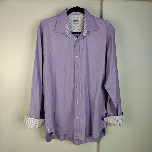 Ted Baker Endurance Button Shirt Men Sz 16.5 Purple White Houndstooth Flip Cuff - Picture 1 of 7